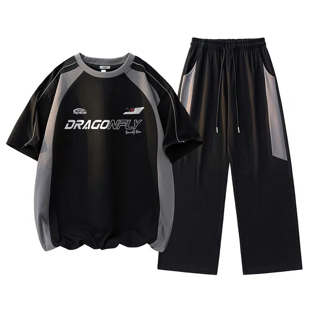 红蜻蜓 美式高街复古拼色撞色印花设计感经典高级舒适宽松百搭日常通勤潮流时尚简约直筒休闲运动套装 男女同款