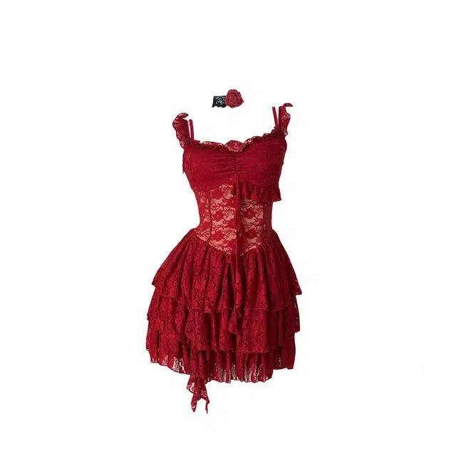 敲模女孩 法式甜美纯欲风蕾丝拼接辣妹收腰层次感不规则裙摆度假风吊带连衣裙 女款