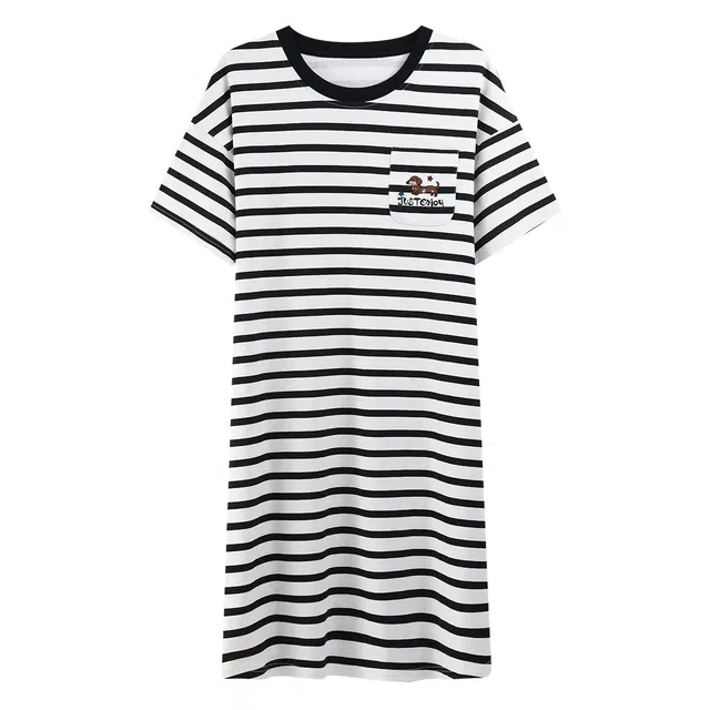 棉购 带胸垫条纹短袖慵懒风休闲可外穿睡裙 女款