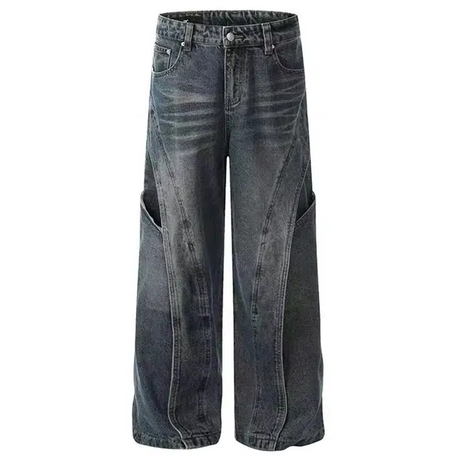 拾个壹先生 美式复古水洗竹节纹猫须阔腿弯刀小众通勤休闲百搭牛仔裤 男女同款