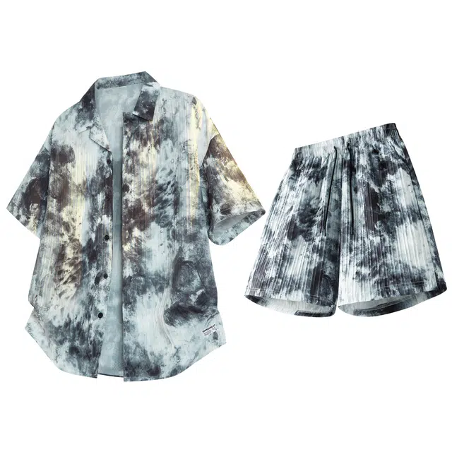 吾皇猫 新中式扎染泼墨满印设计百搭冰丝凉感翻领单排扣宽松直筒五分裤休闲一整套穿搭短袖衬衫套装 男女同款