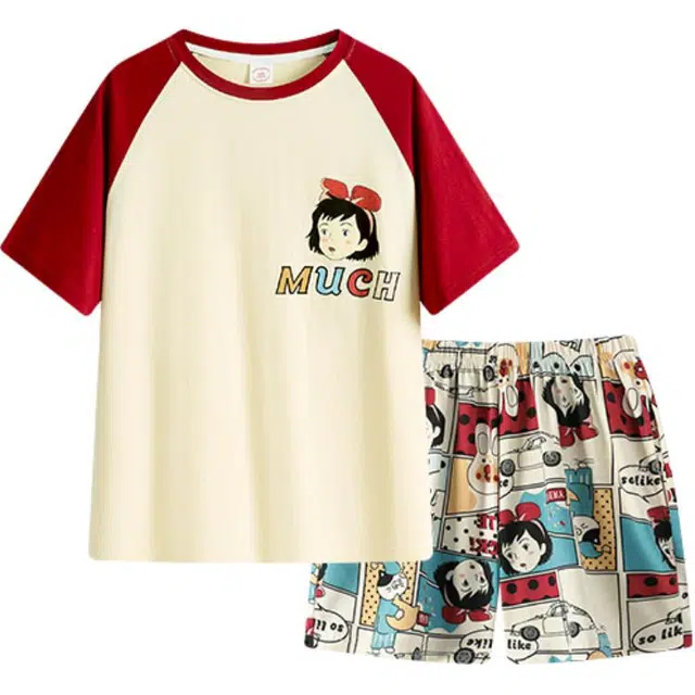 宫蝶 圆领短袖卡通舒适短裤睡衣套装 女款