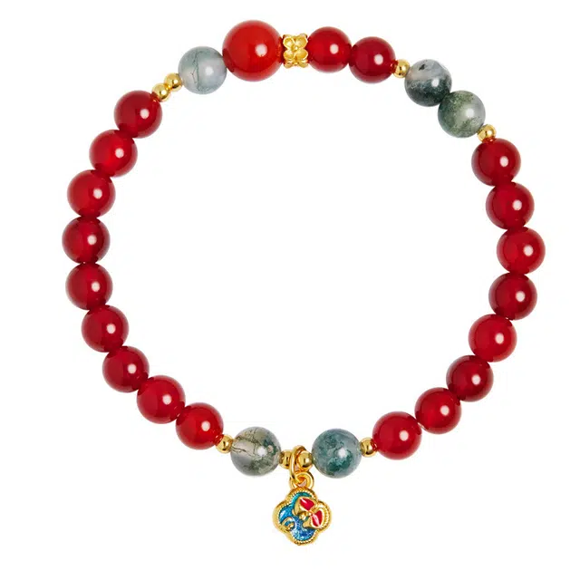 聆听花开 福运四叶草转运珠 新中式花朵复古红色高级感 百搭高级 精致 玛瑙 手串 女款