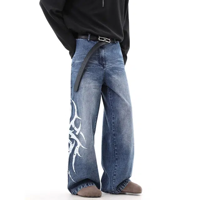 拾个壹先生 美式复古水洗图腾印花街头潮流宽松休闲直筒阔腿牛仔裤 男女同款