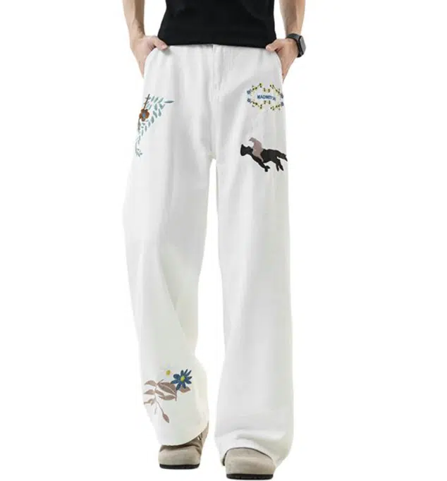 八哥 美式复古街头高街风时尚百搭痞帅宽松舒适纯色刺绣垂感阔腿裤休闲牛仔裤 男女同款