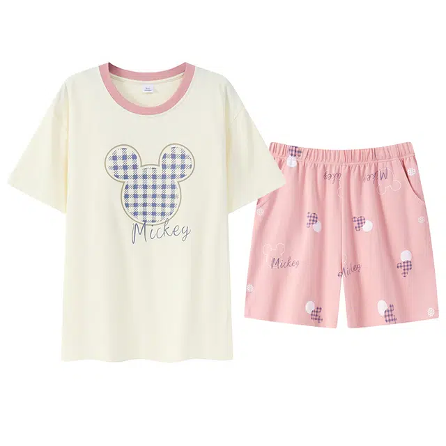 莫代尔 宽松显瘦舒适轻柔细腻圆领纯棉个性时尚休闲简约短袖三分裤带胸垫防凸点家居服可外穿睡衣套装 女款