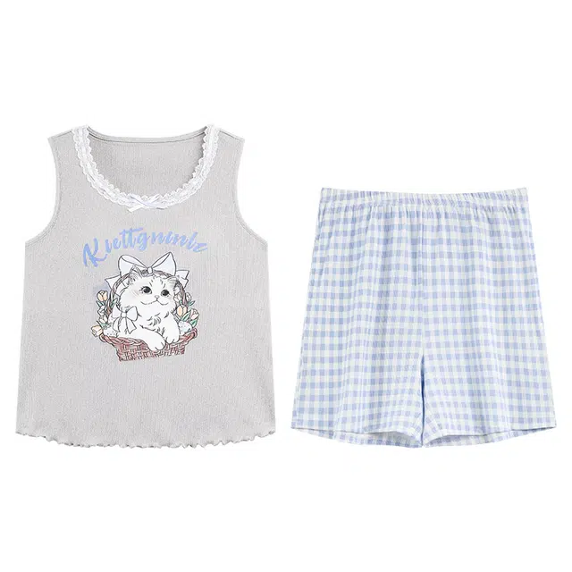 向薇 带胸垫家居服无袖背心短裤可外穿休闲夏季睡衣套装 女款