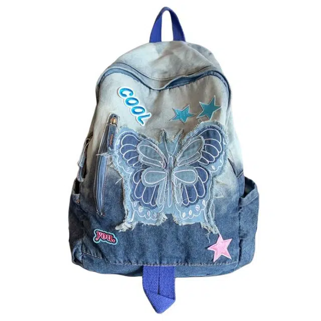 爱尔绅特 高颜值休闲渐变逛街渐变初高中大学生校园书包时尚百搭潮流 牛仔布 双肩包 男女同款情侣款 蓝色