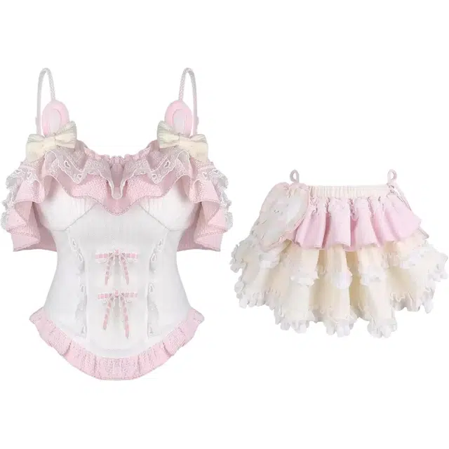 沐晓欣 甜美少女感减龄可爱拼接荷叶边吊带上衣收腰显瘦蓬蓬短裙裙装套装 女款