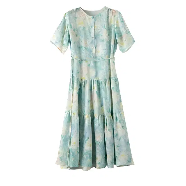 晚白 高腰系带排扣设计绝美晕染印花度假风有口袋短袖连衣裙 女款