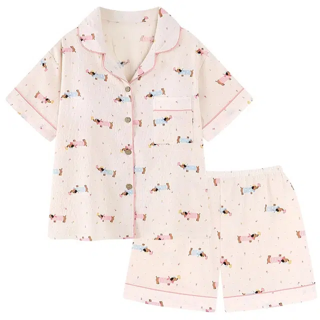 俏韵 翻领可爱凉感云朵棉带胸垫短袖宽松家居服可外穿睡衣套装 女款