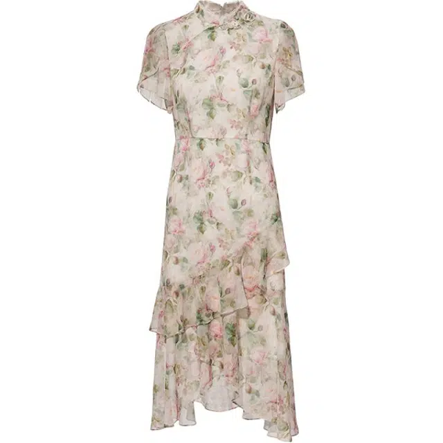 粉红玛琍 立领简约休闲短袖连衣裙 女款