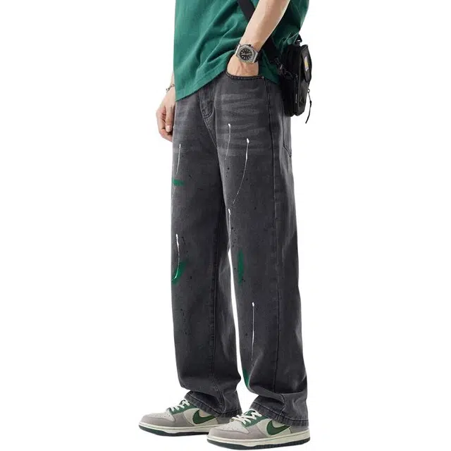 宝米卡 美式直筒涂鸦阔腿舒适牛仔裤 男女同款