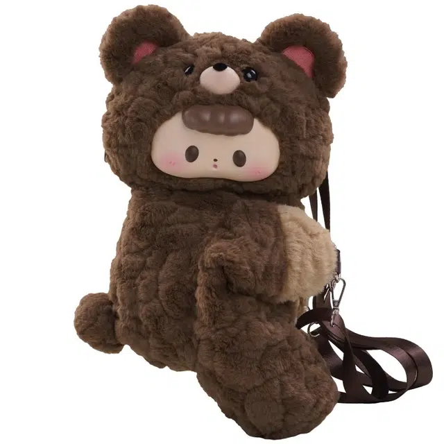 抱竹 可爱搪胶小熊毛绒玩偶 聚酯纤维 双肩包斜挎背包 大号 女款 熊孩子趴趴包