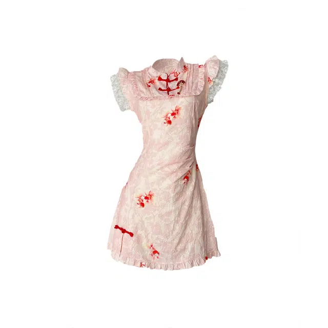 敲模女孩 荷塘月色新中式国风改良旗袍收腰修身气质短袖连衣裙 女款