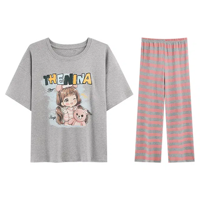 向薇 趣味图案短袖长裤带胸垫休闲可外穿家居服睡衣套装 女款