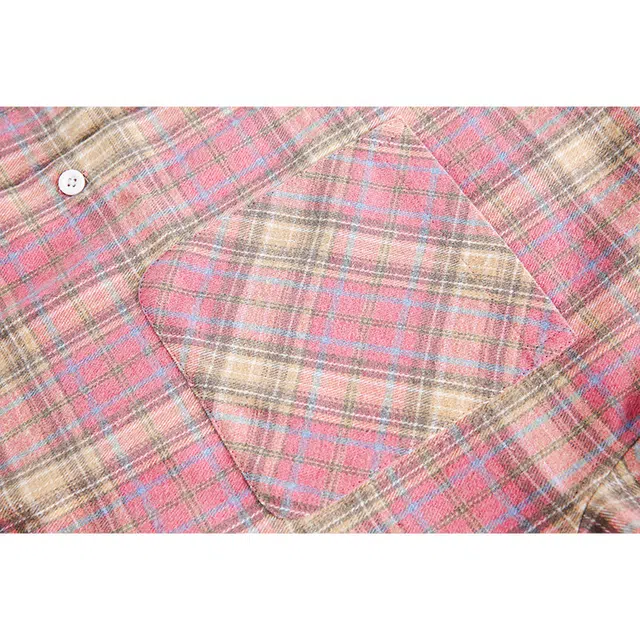 欧路得 美式格纹多巴胺撞色复古宽松休闲设计感短袖衬衫 男款