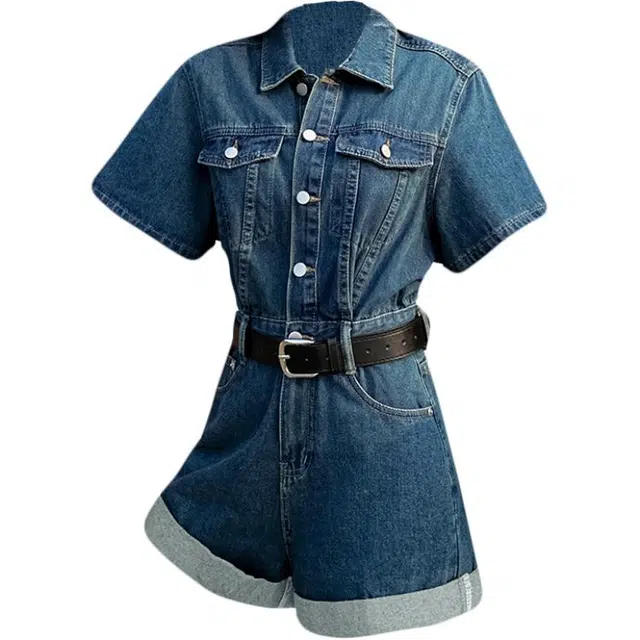 拾籍 学院风复古纽扣设计高腰包臀女夏季街头百搭风格卷边连体衣 女款