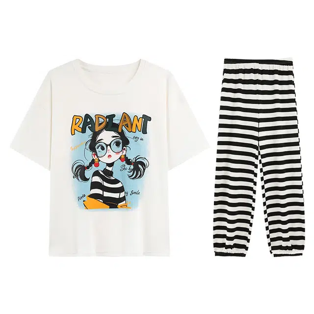 向薇 女士可外穿短袖休闲长裤可爱带胸垫家居服夏季睡衣套装 女款