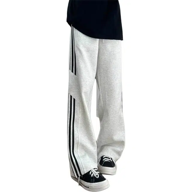 徐百货 美式高街三条杠裤子条纹休闲长裤高级设计感拼接直筒卫裤潮牌宽松百搭垂感针织运动裤 男女同款