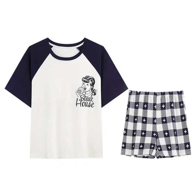 向薇 自带胸垫薄款甜美可外穿短袖三分裤睡衣套装 女款