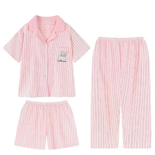 俏韵 翻领可爱兔子三件套短袖长裤凉感云朵棉家居服可外穿睡衣套装 女款