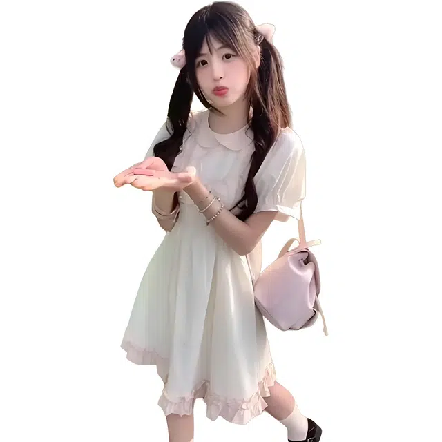 黛尔佳人 法式初恋温柔风娃娃领女夏季蝴蝶结绑带收腰公主蓬蓬裙短袖连衣裙 女款