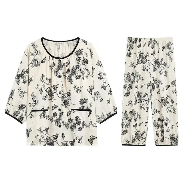 向薇 圆领长袖长裤带胸垫一体家居服防凸点可外穿睡衣套装 女款