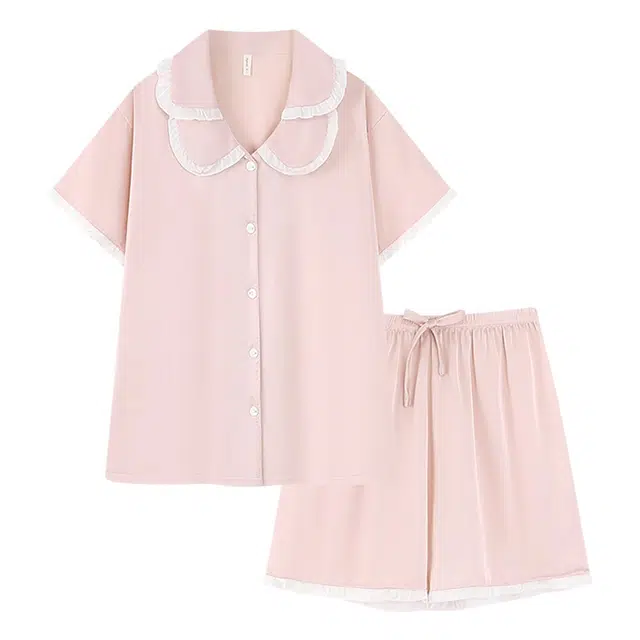 俞兆林 甜美纯色花边娃娃领凉感亲肤短袖短裤两件套休闲家居服夏季睡衣套装 女款