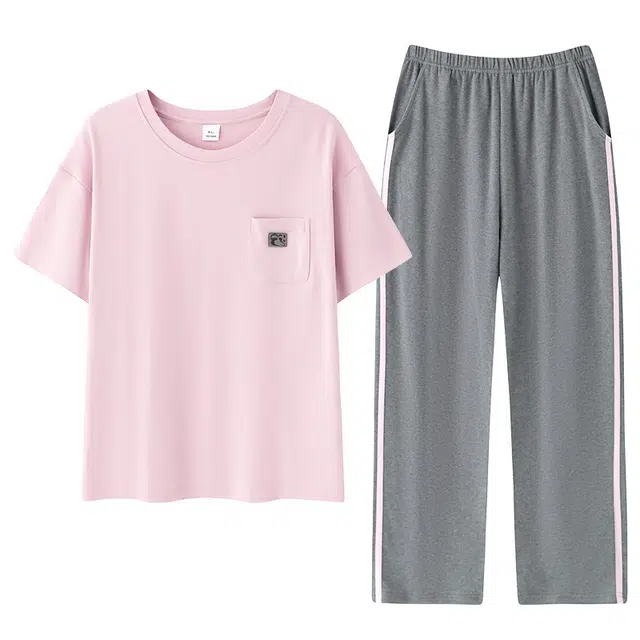 莫代尔 圆领套头纯棉休闲宽松显瘦轻盈透气短袖长裤不易起球家居服可外穿睡衣套装 女款