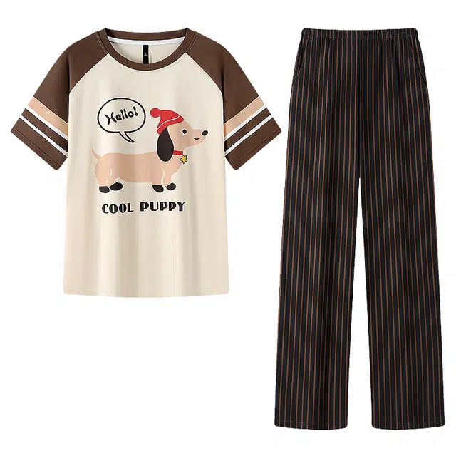 宫蝶 腊肠狗纯棉短袖长裤家居服休闲卡通舒适可外穿宽松夏季睡衣套装 男女同款