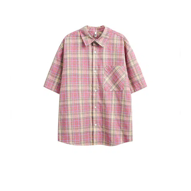 欧路得 美式格纹多巴胺撞色复古宽松休闲设计感短袖衬衫 男款