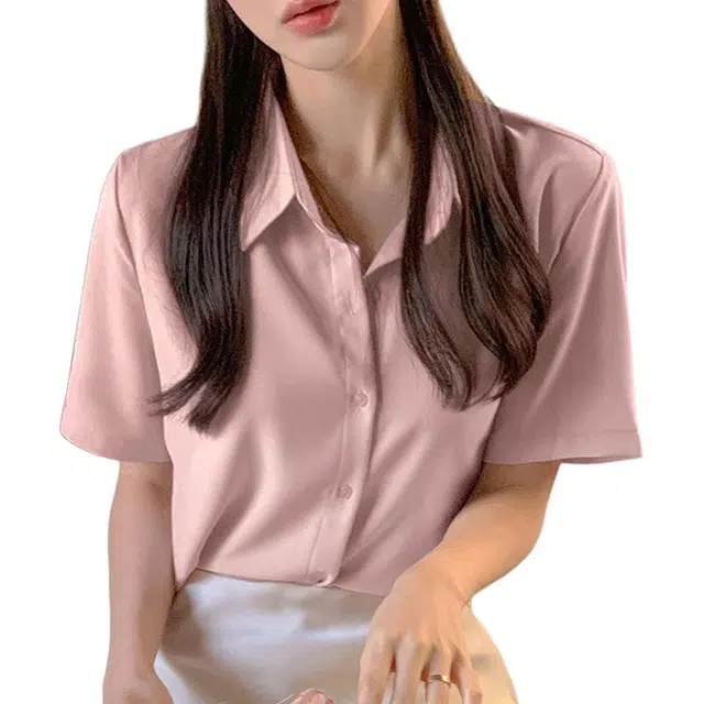 新世家族 韩版通勤衬衣夏季雪纺宽松设计感上衣短袖衬衫 女款