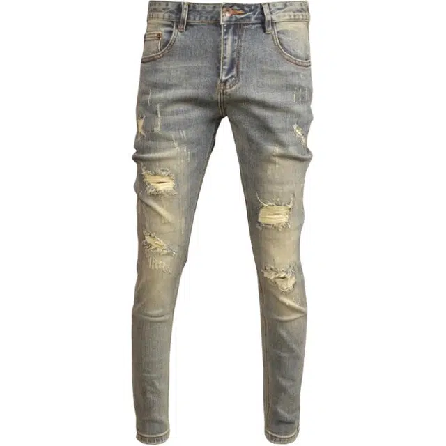 吉肯蒂 复古破洞潮牌弹力修身刮烂补丁休闲紧身小脚裤牛仔裤 男款
