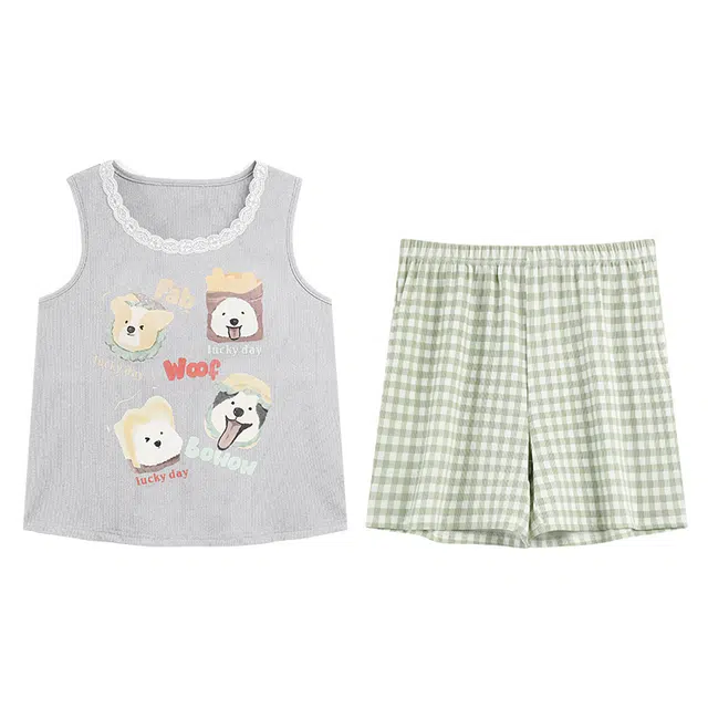 向薇 莫代尔带胸垫薄款宽松大码家居服无袖背心短裤休闲夏季睡衣套装 女款