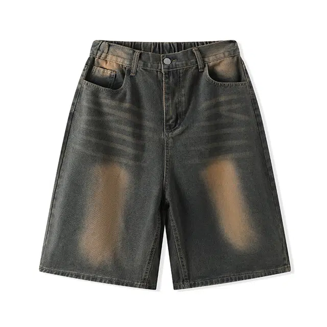 黑恐龙 美式潮牌渐变水洗复古小众高级感时尚百搭宽松舒适亲肤垂感休闲五分牛仔短裤 男女同款
