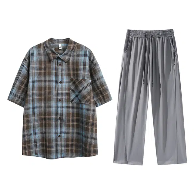 梓润格 夏季宽松美式复古时尚无性别主义潮流简约老钱风松弛感格子设计感氛围感透气百搭经典酷飒穿搭短袖长裤休闲运动套装 男女同款