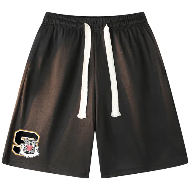 吾皇猫 美式复古学院风基础款五分裤子手绘创意卡通动漫印花多巴胺色系运动舒适透气宽松直筒穿搭休闲短裤 男女同款