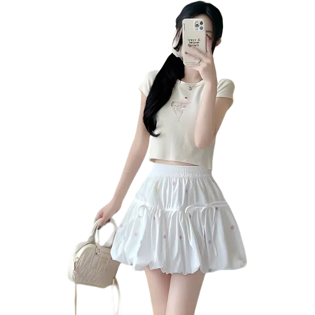昊之浪 芭蕾风白色碎花蓬蓬花苞松紧高腰休闲短裙 女款