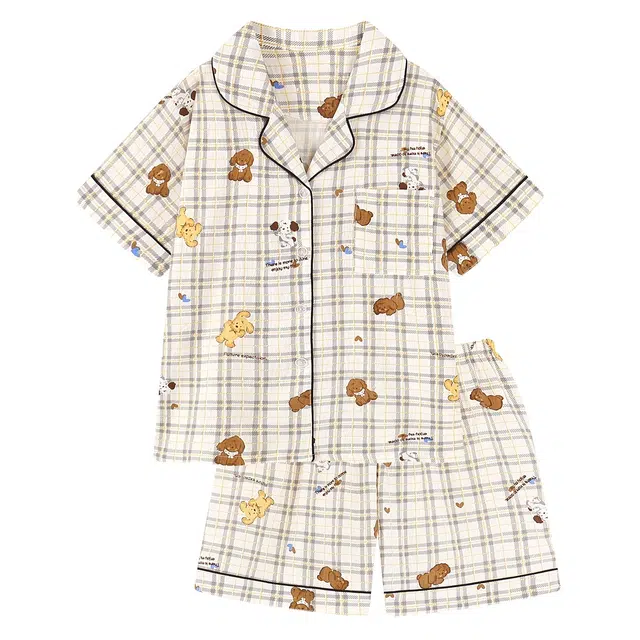 俏韵 翻领可爱格纹小狗凉感云朵棉短袖宽松家居服可外穿睡衣套装 女款
