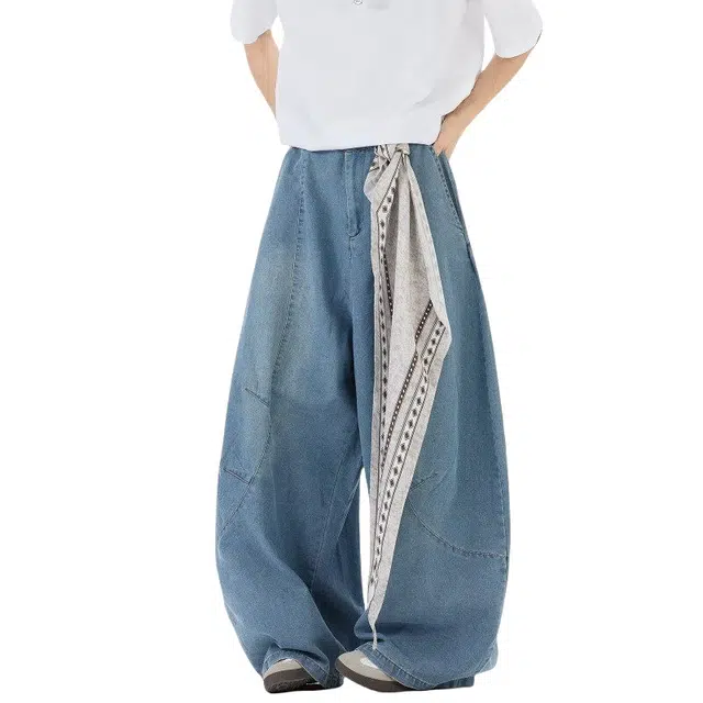 加荣 美式复古设计感方巾配饰廓形弯刀薄款透气潮牌痞帅百搭宽松阔腿牛仔裤 男女同款