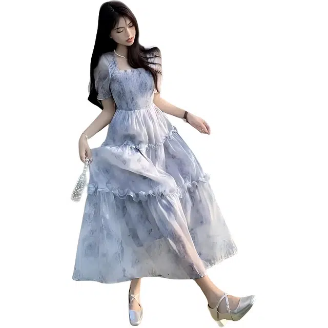 沐晓欣 复古方领碎花森系收腰木耳边长裙子短袖连衣裙 女款