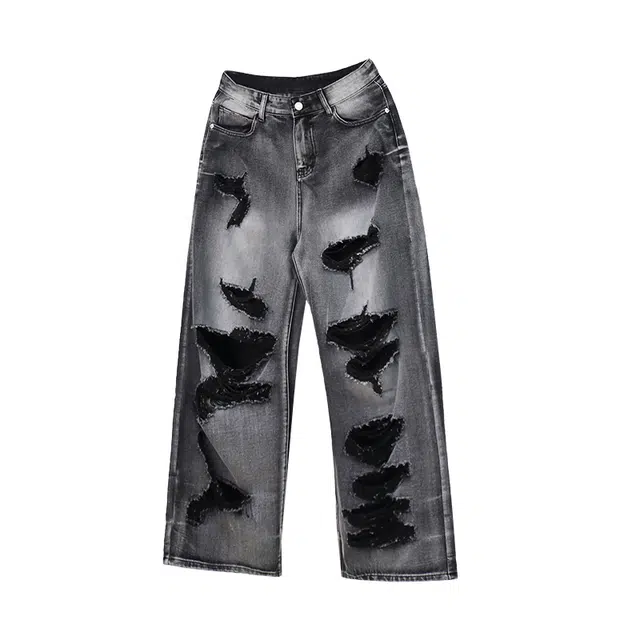 极限涡轮 破洞乞丐宽松做旧阔腿裤设计感痞帅美式高街拖地裤子牛仔裤 男女同款