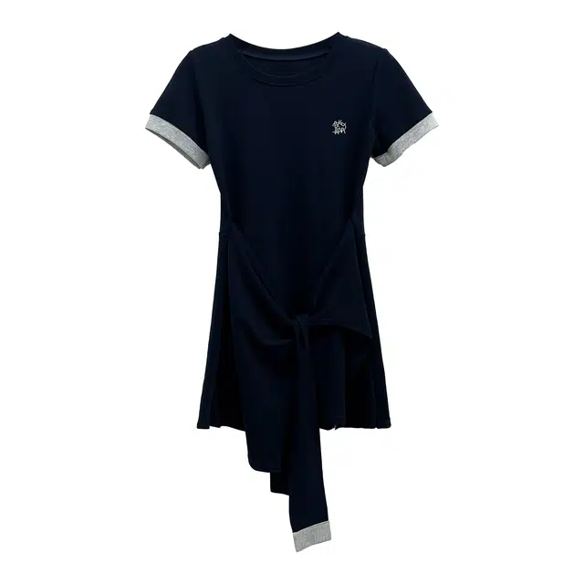 米米子 “威尼斯蓝调”甜美风气质拼接系带遮肚短袖连衣裙 女款