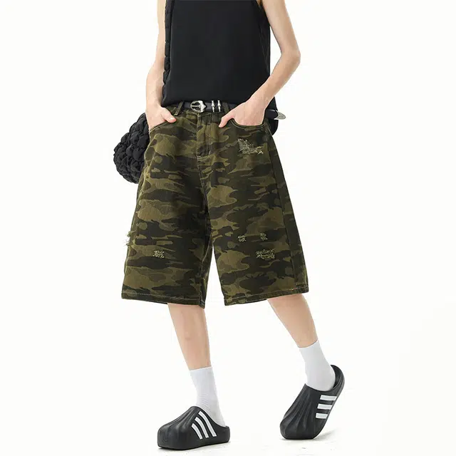 颂希尔 美式复古破洞迷彩七分裤子时尚潮牌宽松阔腿百搭高街休闲裤 男女同款