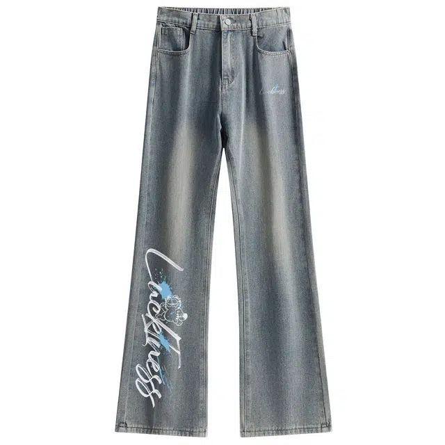 加菲猫家族 美式水洗做旧复古废土风阔腿透气亲肤垂感百搭高级感艺术签名字母印花通勤柔软牛仔裤 男女同款