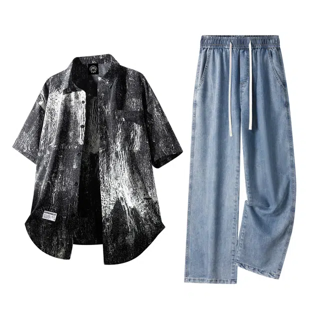 吾皇猫 潮流高街裂纹扎染小众设计短袖上衣百搭时尚冰丝凉感舒适牛仔裤衬衫套装 男女同款