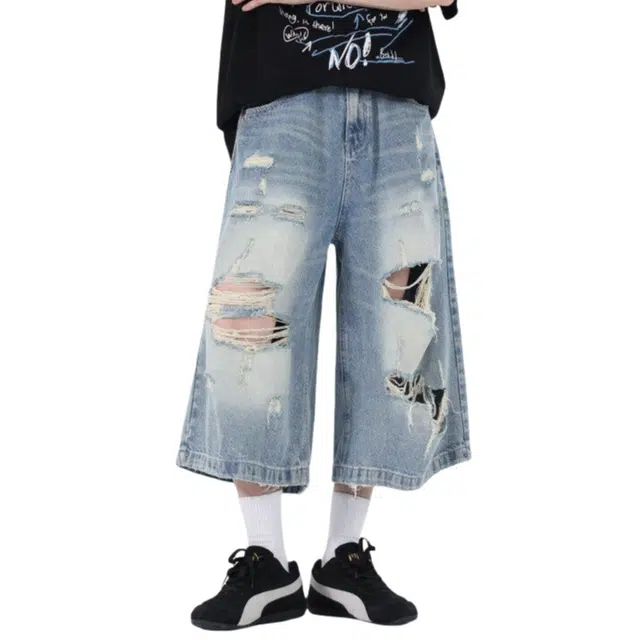 加荣 美式街头风小众破坏感薄款透气潮牌百搭水洗宽松休闲做旧七分牛仔短裤 男女同款