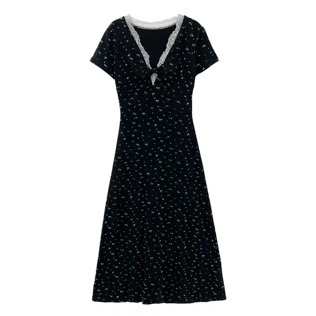 米米子 优雅气质简约拼接舒适短袖连衣裙 女款