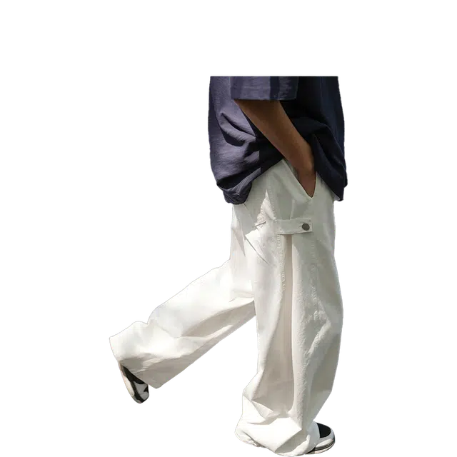 港仔文艺男 褶皱垂感拼接侧面纽扣设计纯棉肤感工装直筒裤宽松百搭简约阔腿休闲裤 男女同款